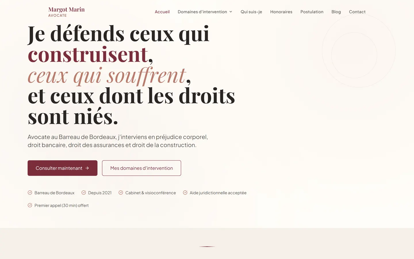 Page d'accueil du site livré à Margot Marin, avocate au barreau de Bordeaux